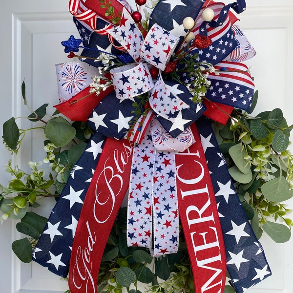 Patriotic Bow, 4th of July Bow, Fourth of July Bow, Patriotic Wreath Bow, Lantern Bow, Memorial Day Decoration, Flag Day, Red and White