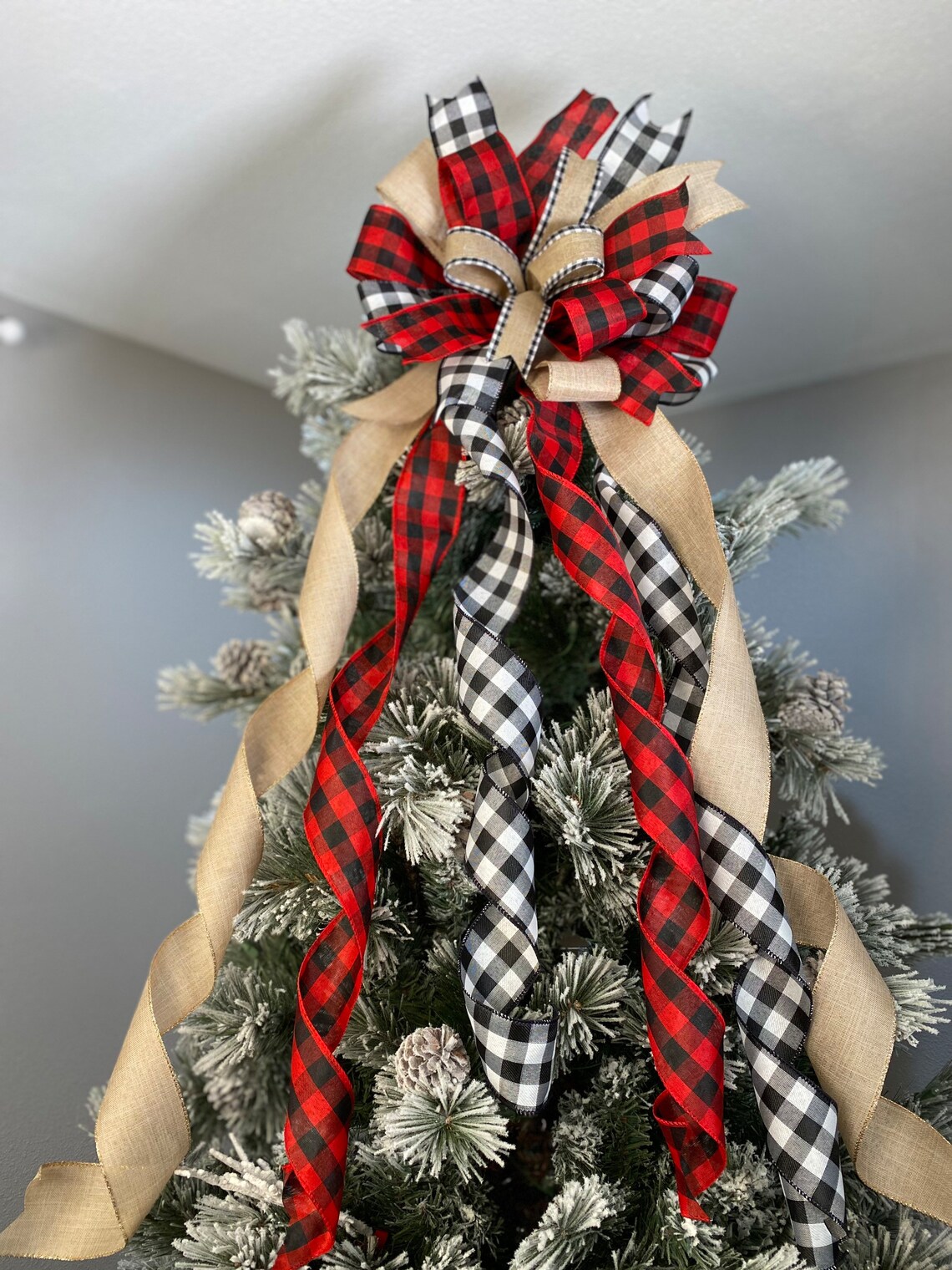 Rustic Christmas Tree Bow Farmhouse Bow Plaid Tree Topper Etsy