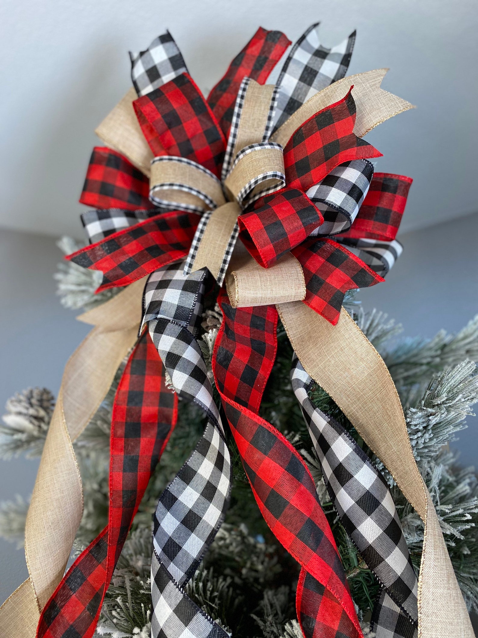 Rustic Christmas Tree Bow Farmhouse Bow Plaid Tree Topper Etsy