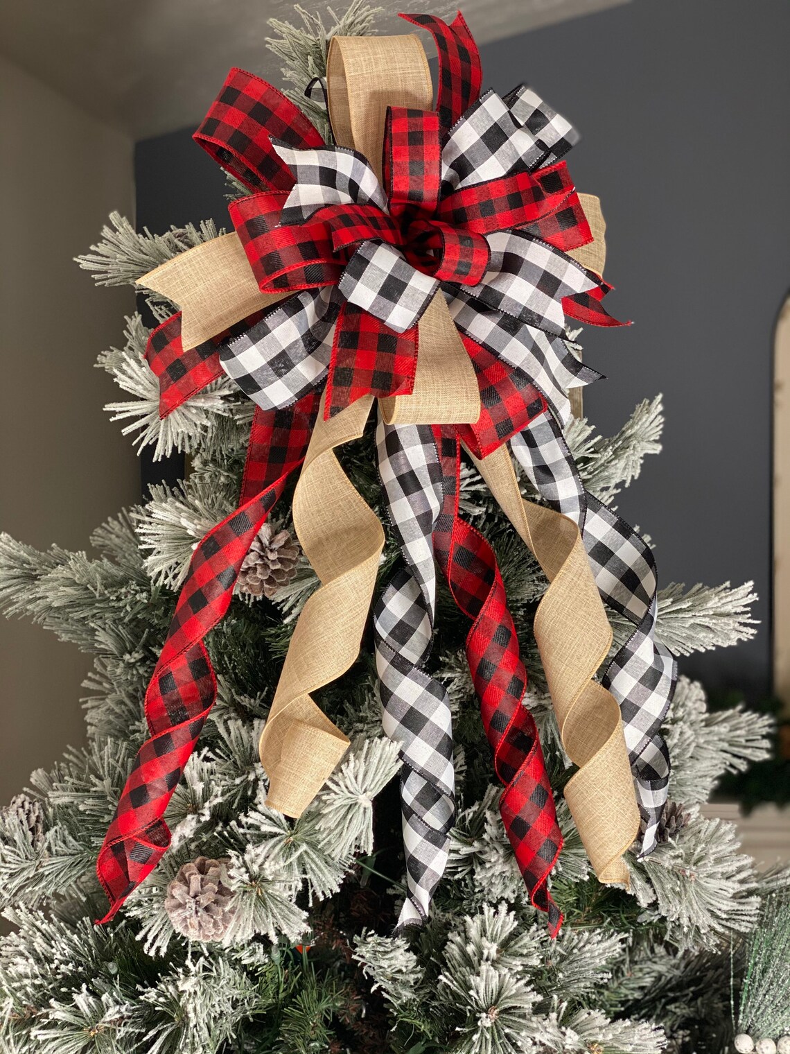 Rustic Christmas Tree Bow Farmhouse Bow Plaid Tree Topper Etsy