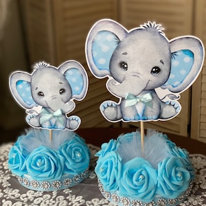 Elephant Baby Shower Cake Topper: Blue Floral Centerpiece