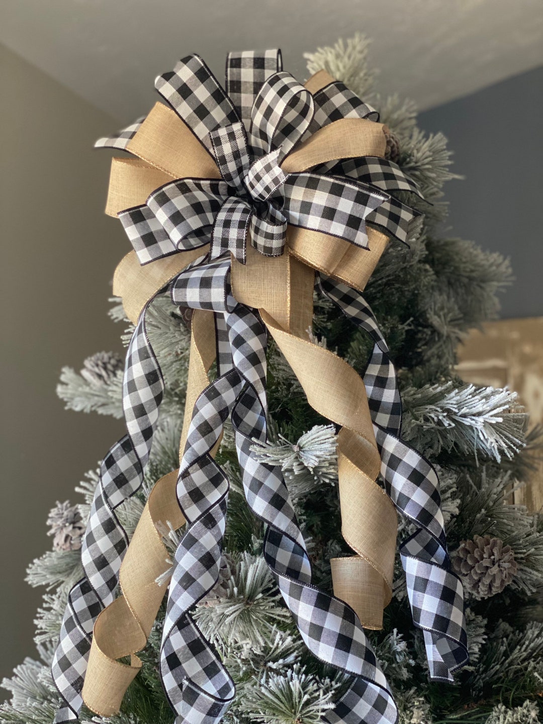 Christmas Tree Topper - 48x12 Inches Large Buffalo Plaid Red Black Burlap Decorative Bow - Rustic Farmhouse Xmas Decorations Home Decor