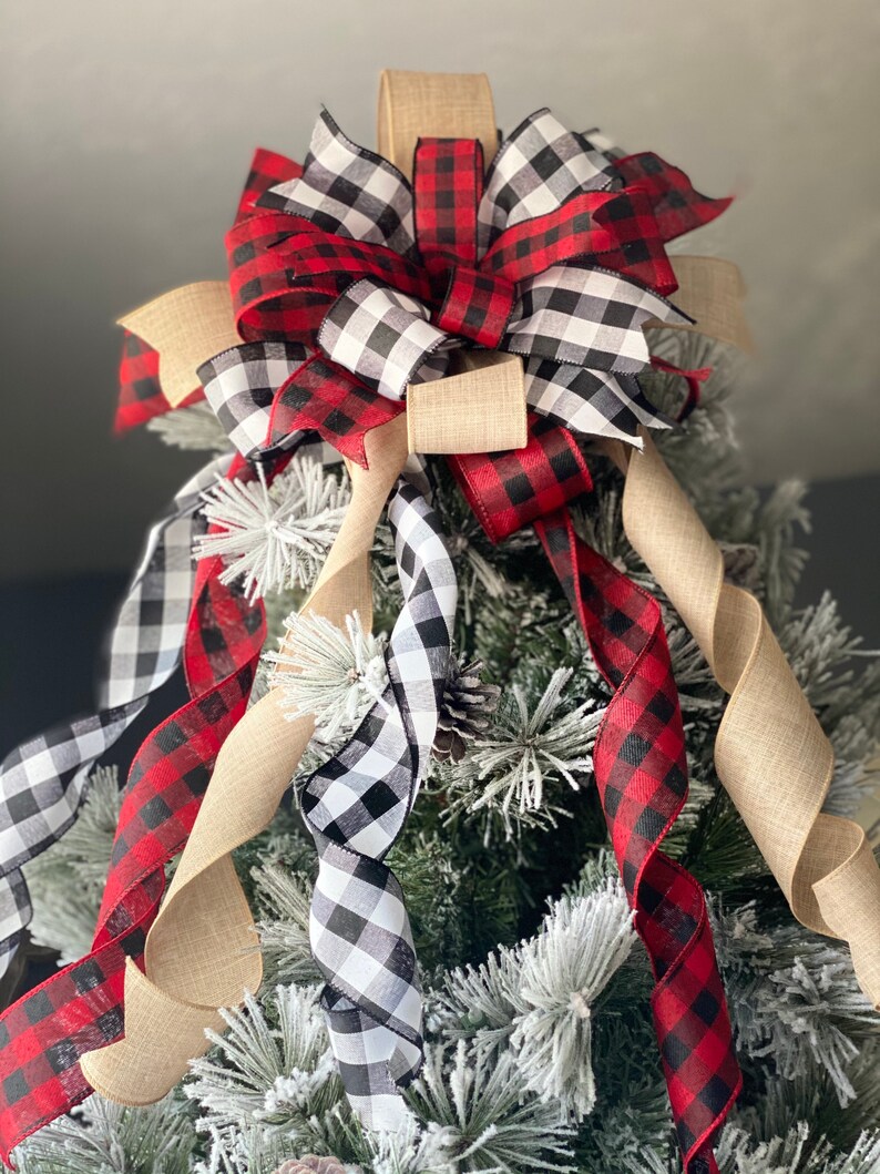 Rustic Christmas tree bow farmhouse bow plaid tree topper Etsy