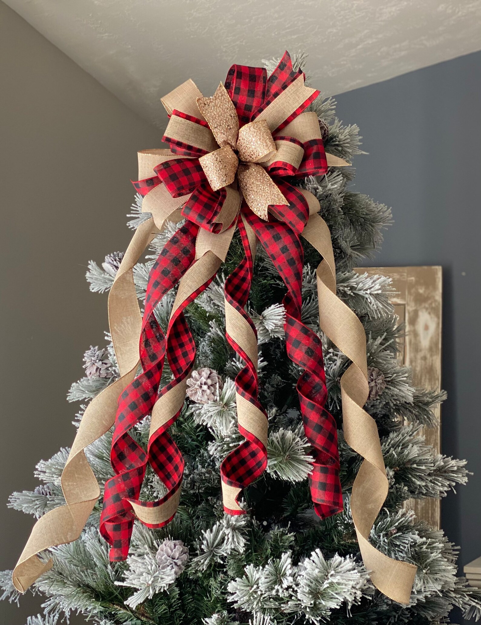 Rustic Christmas Tree Bow Farmhouse Bow Plaid Tree Topper Etsy