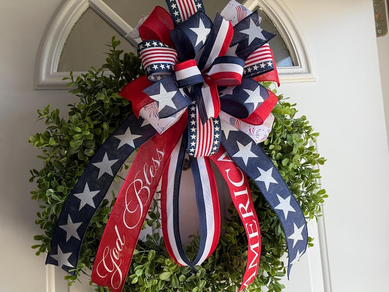 Patriotic 4th of July Bow: Handmade American Pride Wreath Decor Bow 11"x18"