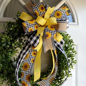 Sunflower Wreath Bow: Buffalo Check Farmhouse Decor, 18" Tails