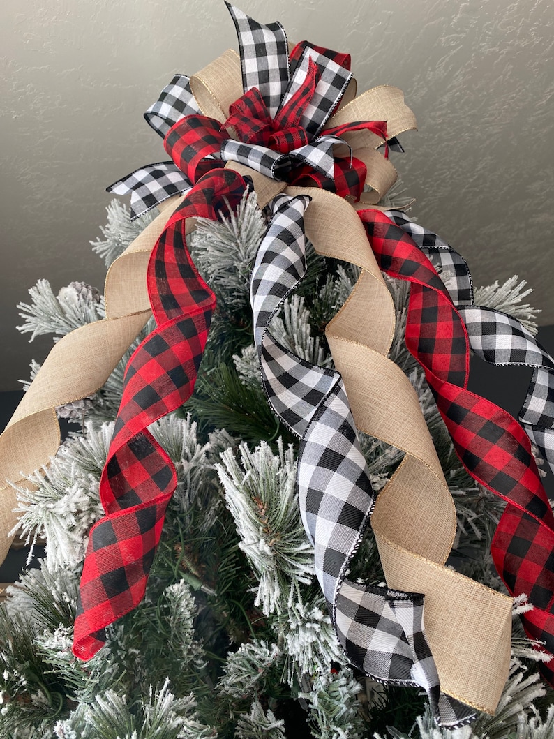 Rustic Christmas Tree Bow Farmhouse Bow Plaid Tree Topper Etsy
