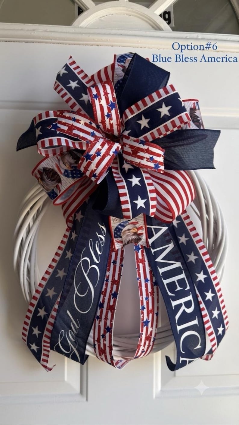 Patriotic 4th of July Bow: Handmade American Pride Wreath Decor BlueBlessAmeric12x18