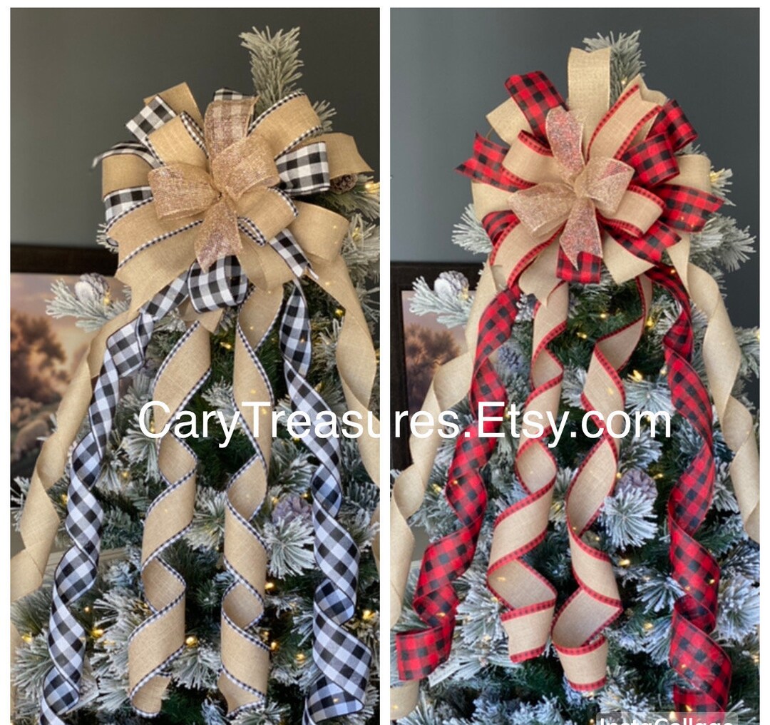 Rustic Christmas Tree Bow, Farmhouse Bow, Plaid Tree Topper, Black