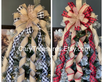 Rustic Christmas tree bow, farmhouse bow, plaid tree topper, black buffalo check tree topper, Christmas tree Bow decor, Christmas Bow