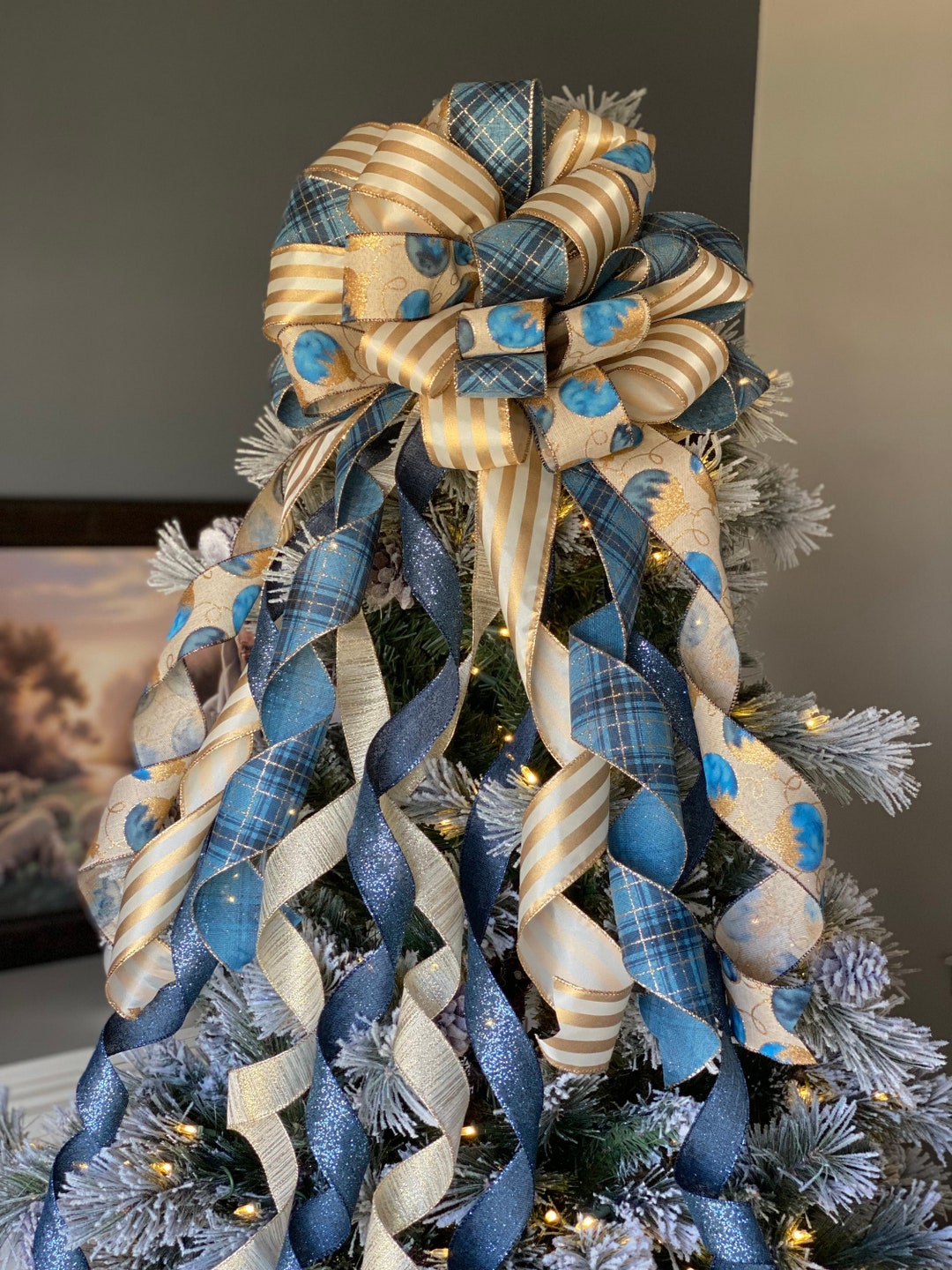 Christmas Tree Topper Blue and Gold Bow Christmas Tree Etsy