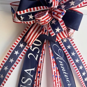 Patriotic 4th of July Bow: Handmade American Pride Wreath Decor Blue USA250 12"X18"