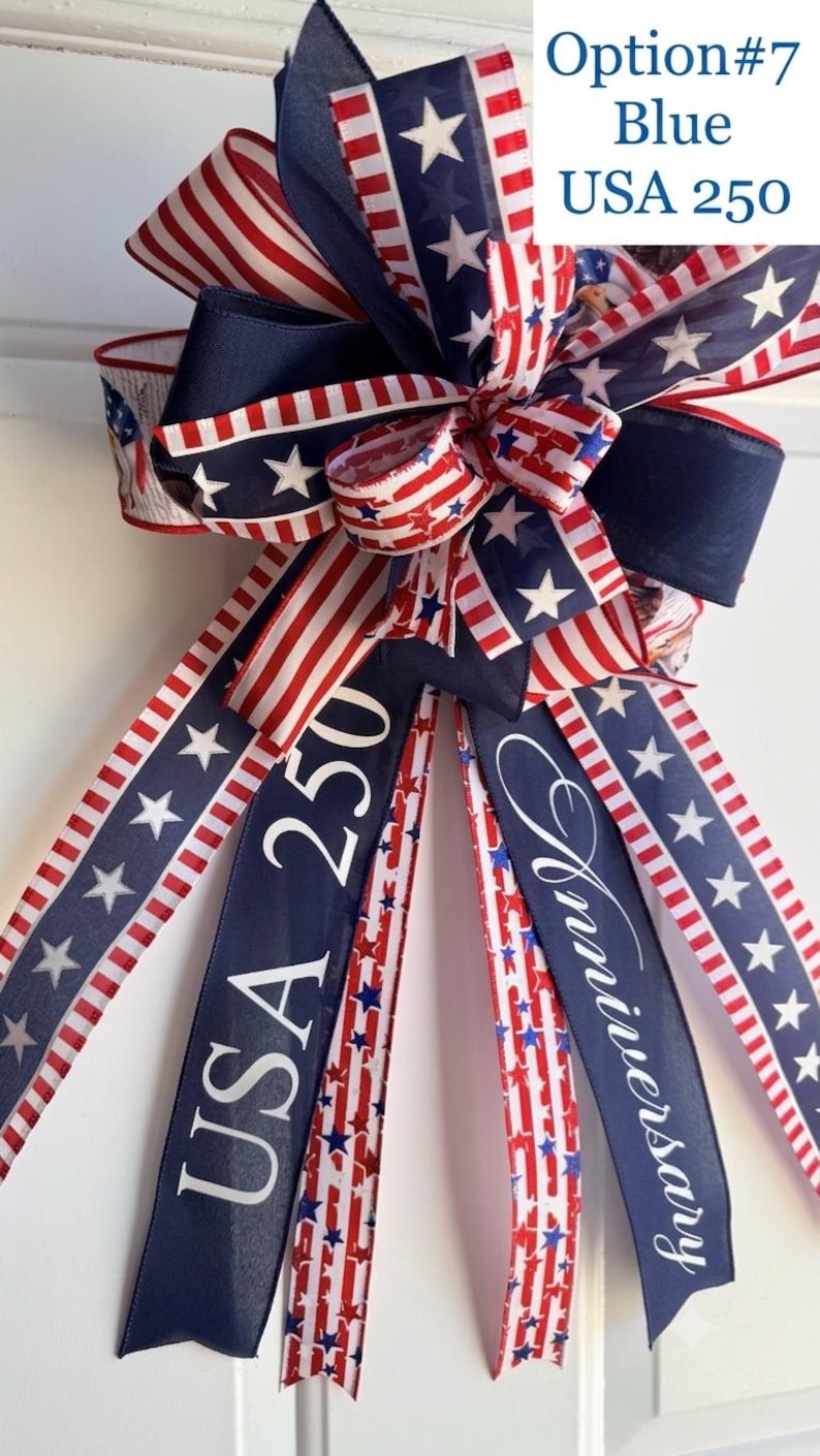 Patriotic 4th of July Bow: Handmade American Pride Wreath Decor Blue USA250 12"X18"