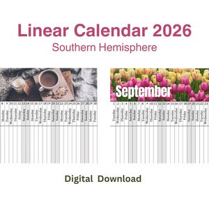May include: A digital calendar for 2026, featuring a linear layout for the Southern Hemisphere. The calendar includes sections for June and September, with images of a coffee cup and flowers. The text "Digital Download" is also present.