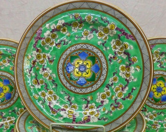 12 Spring Green Enameled Antique Wedgwood Salad Plates Famille Verte Style, White Cherry Blossom Branches, Center Lotus FREE US SHIPPING
