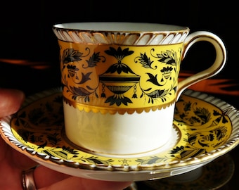 Royal Crown Derby POMPEII  Demitasse Cup & Saucer, Black and Yellow Bone China Coffee / Espresso Mug ~ FREE US Shipping!