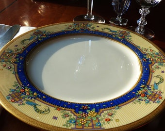 ¡Azul real y pájaros exóticos! 12 platos de cena de la era Art Deco de Lenox ~ Flores de esmalte en relieve multicolores ~ Platos vintage festivos