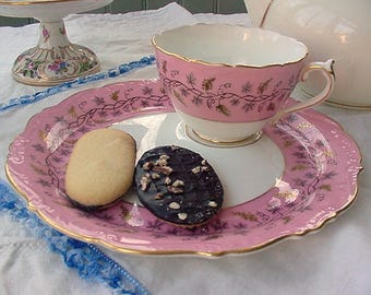 Tea and Toast! Pink Grapevine ~ Coalport Minerva Vintage Bone China Teacup, White and Pink, Gold Grape Clusters on Vine, Pretty Embossed