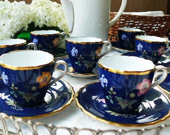 Gorgeous Copeland Spode Demitasse ~ Pretty Blue Espresso / Expresso Coffee Cups & Saucers, Stippled Powder Style ~ Different Flowers