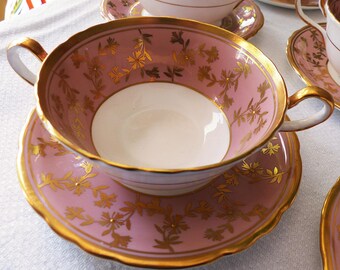 12 cuencos para sopa de porcelana fina Aynsley color rosa malva con estampado floral, modelo n.° 8322