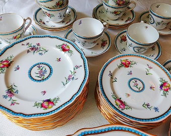 12  Spode TRAPNELL Place Settings ~ Raised Turquoise Enameling ~  Fruit, Wildflowers, and Butterflies!