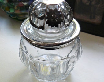 Heisey ~ Vintage American Cut Glass Jar with Silver Overlay, Lidded Bowl for Trinkets / Storage, Lady's Fine Dresser Jar