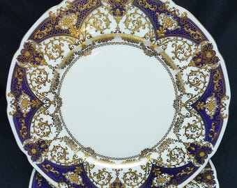 Set of 10 Lenox for JE Caldwell Cobalt Blue and Raised Gold Service Plates FREE US Shipping