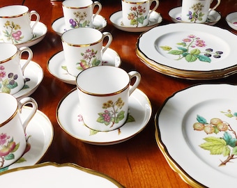 Dessert Time! Fruit and Blossoms: 12 Copeland Spode Espresso / Expresso Demitasse Coffee Cups & Saucers + 12 Dessert Plates ~ Pattern Y6613