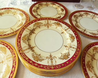 12 Edwardian Era Dinner / Service Plates by Lenox ~ Red, Cream, Raised Gold Elegant Cabinet Plates, c. 1908