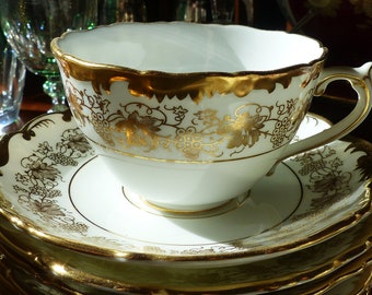 12 cubiertos Coalport HAZELTON Juego de porcelana blanca y dorada con diseño de vid. Envío GRATIS a EE. UU.