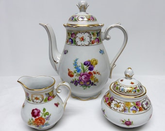 Schumann Empress Dresden Flowers Coffee Set - Coffeepot with Sugar Bowl & Creamer