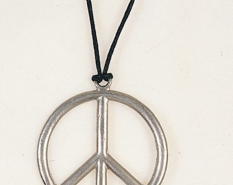 May include: A silver peace sign pendant on a black cord necklace.