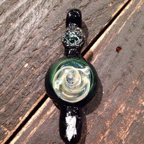 Deep Space Glass Pendant FREE S&H! • Gold + Silver Fumed Nebula •Dichroic Galaxy • Blue Kyanite Meteor over Black w Loop Signed Heady Pendy