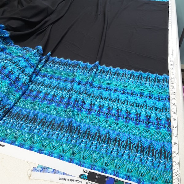 Blue & Green Border with Blue Foil on Black 4 Way Stretch Spandex Fabric By The Yard, Leotard, Swimsuit, Dance Wear, Active Wear Material