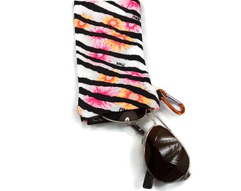 Zebra With Pink Orange Flowers Sunglass Case Snap Closure, Soft Eyeglass Holder, Easy Pinch Open Snap Close, Clutch Readers Sleeve