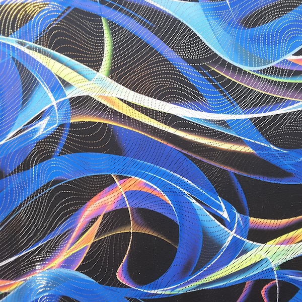 Blue Swirl on Black With Silver Foil 4 Way Stretch Spandex Fabric By The Yard, Leotard  Fabric, Dance Wear Material, Active Wear Fabric