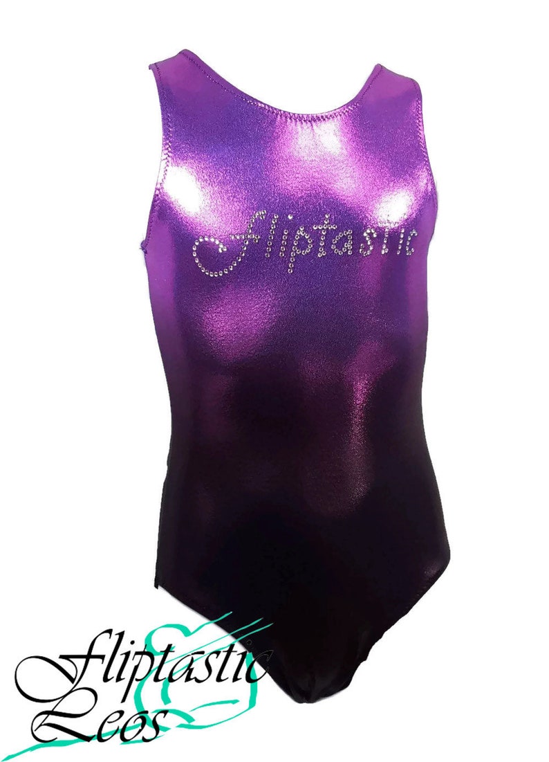 Teen Leotard Girls Gymnastics Leotard Purple to Black Ombre Mystique with Fliptastic Bling