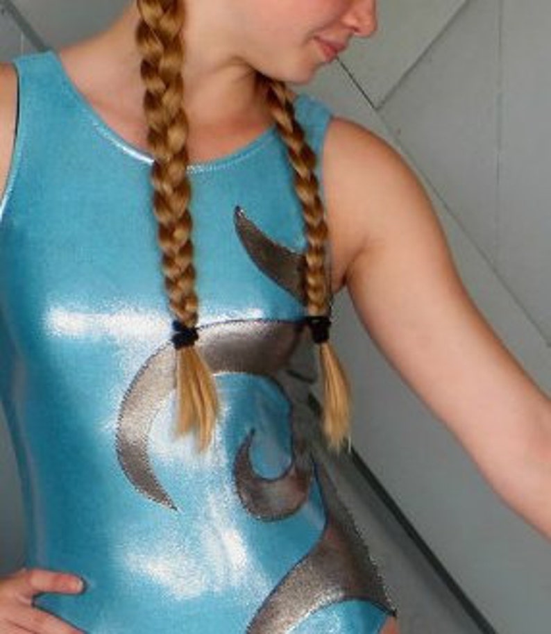 Women Leotard Girls Ice Blue Mystique Silver Side Applique Gymnastics Leotard