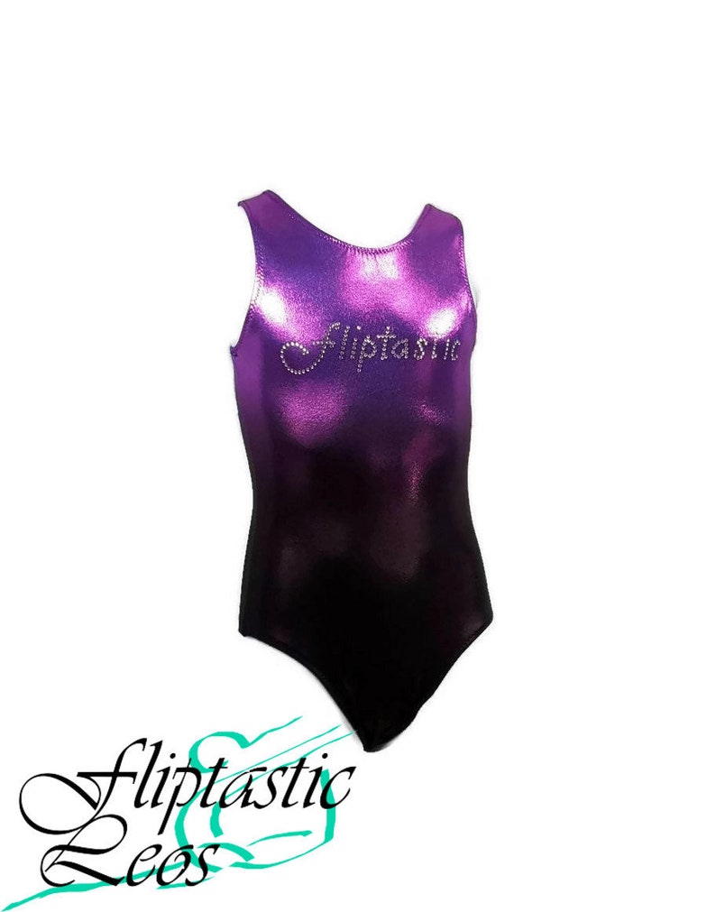 Teen Leotard Girls Gymnastics Leotard Purple to Black Ombre Mystique with Fliptastic Bling