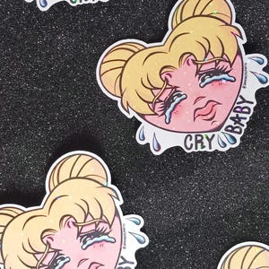 Sailor Magical Moon Girl Crybaby Sticker - Anime Crying Heart Tattoo Style - Kawaii Tattoo Vinyl Sticker - Holographic and Waterproof
