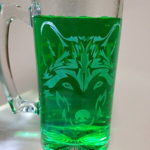 Wolf head personalized glass beer mug, etched glass mug with wolf head, beer mug with wolf