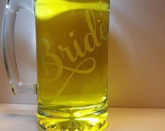 Personalized Bride Beer Mug, Etched Glass Wedding Gift