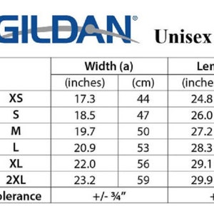 May include: Size chart for a unisex premium cotton t-shirt. The chart shows measurements in inches and centimeters for width, length, and sleeve length. Sizes include XS, S, M, L, XL, and 2XL.
