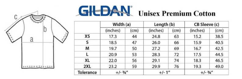May include: Size chart for a unisex premium cotton t-shirt. The chart shows measurements in inches and centimeters for width, length, and sleeve length. Sizes include XS, S, M, L, XL, and 2XL.