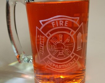 Personalized Fire Department Etched Beer Mug: Maltese Cross Gift