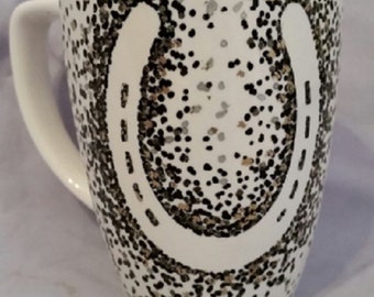 Hand Painted Horseshoe Coffee Mug: Black, Silver & Gold Dots