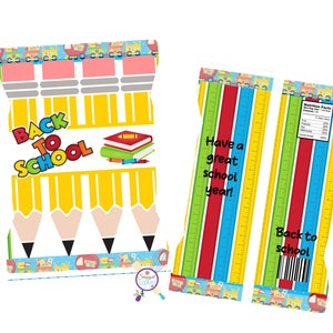 Puede incluir: Diseño de bolsa de golosinas imprimible para el regreso a clases con un lápiz amarillo con una goma de borrar roja, una pila de libros y el texto "De vuelta a la escuela". El diseño también incluye una regla con rayas de colores y el texto "¡Que tengas un gran año escolar!" y "De vuelta a la escuela".