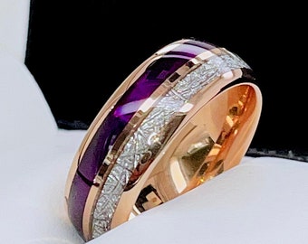 Purple Agate Meteorite Ring: Rose Gold Tungsten Wedding Band - 8mm
