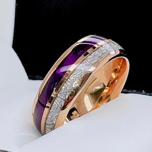 Purple Agate Meteorite Ring: Rose Gold Tungsten Wedding Band - 8mm