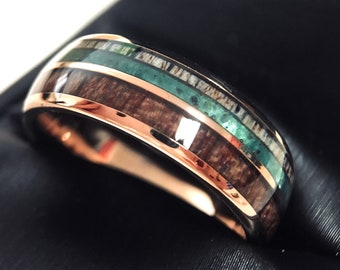 Mens Wedding Bands, Wood and Antler inlay Rose Gold Tungsten Ring, Mens Engagement Ring, Wedding Bands for Woman, His and  Hers